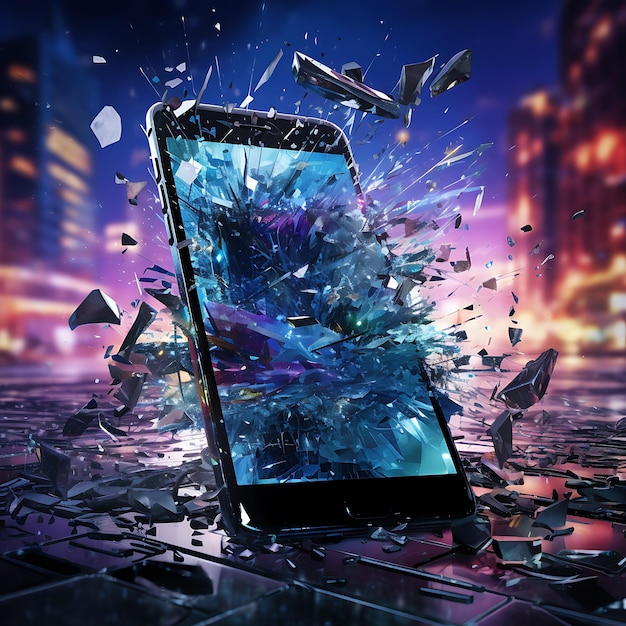 Un enorme schermo del telefono cellulare rotto che frantuma un'esplosione che spruzza un suono elettronico cyberpunk 8k HD
