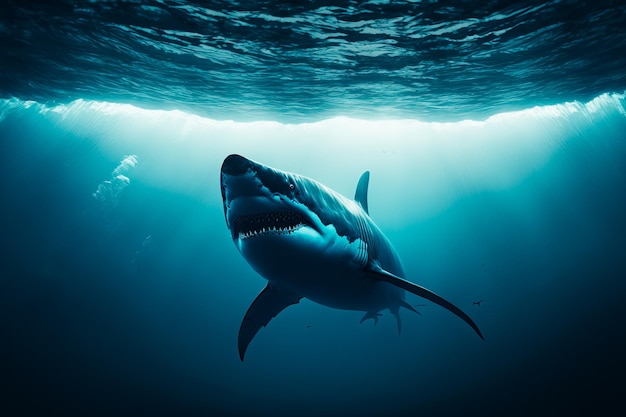 Un enorme squalo che nuota in profonde acque blu