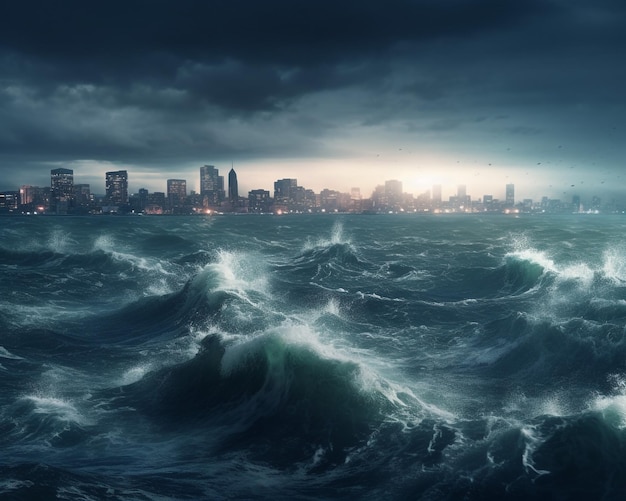 un enorme tsunami colpisce lo scenario drammatico della città Generative Ai