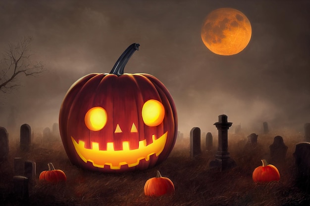 Un'enorme zucca di Halloween sorridente in un cimitero di notte nebbiosa sotto la luna rossa piena Illustrazione digitale