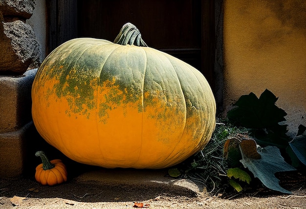 Un'enorme zucca gialla si trova nel giardino di un contadino AI Generato