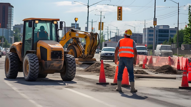 un equipaggio di gestione del traffico che dirige i veicoli intorno a una zona di costruzione stradale