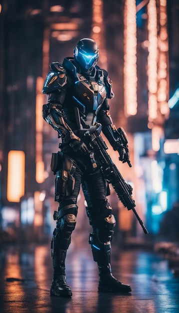 Un eroico cyberpunk con un'armatura futuristica