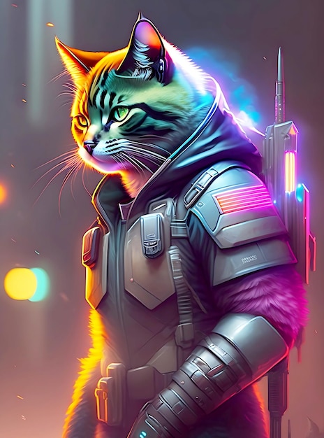 Un eroico gatto cyberpunk in piedi in uno stretto da solo con armi in modalità silenziosa e aggressiva