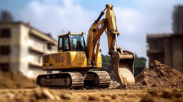 Un escavatore giallo è in un cantiere edile.