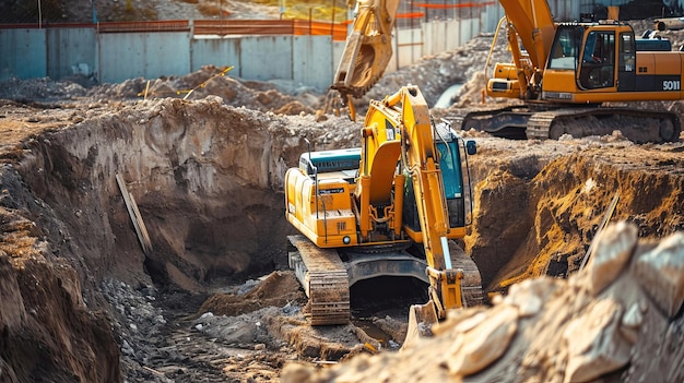 Un'escavatore sta rastrellando la terra Lavoro di scavo pesante scavo industriale cantiere di costruzione preparazione del terreno lavori di terra generati da AI