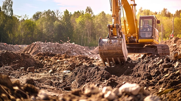 Un escavatore sta rastrellando la terra Preparazione del terreno Sito di sviluppo Sito di costruzione Cavallo di lavoro di terra Meccanico potente produttività efficiente Generato da AI