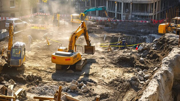 Un escavatore sta rastrellando la terra Scavo industriale scavo cantiere di costruzione robusto potente preparazione del terreno generato da AI