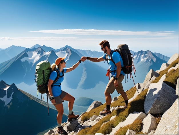 Un escursionista che aiuta un amico a raggiungere la cima della montagna