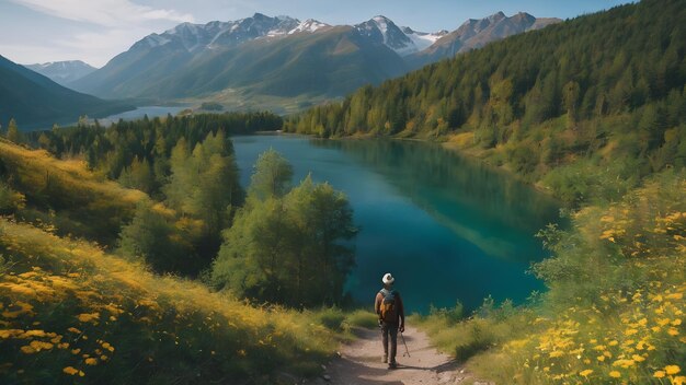 Un escursionista che fa un'escursione in un paesaggio di natura di montagna AI ha generato un'immagine ai