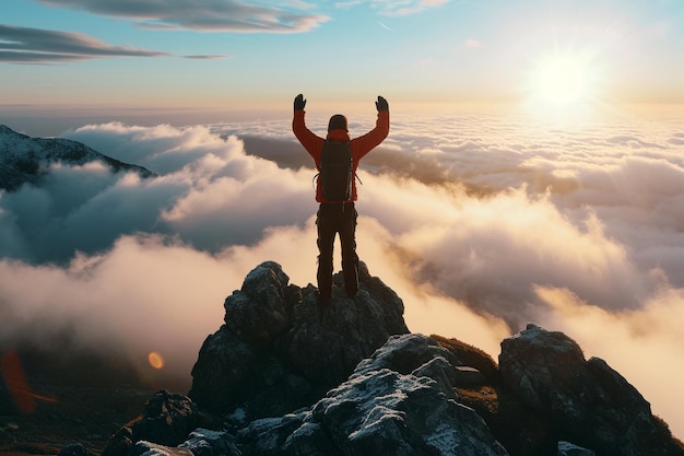 Un escursionista con le braccia alzate in piedi sulla cima della montagna un uomo di successo che gode del trionfo