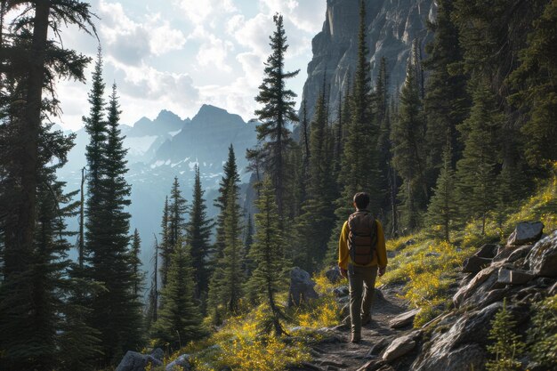 Un escursionista con uno zaino che cammina su un sentiero nel bosco con imponenti pini e cime montuose in lontananza