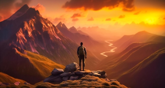 Un escursionista è in piedi in cima alle montagne al tramonto