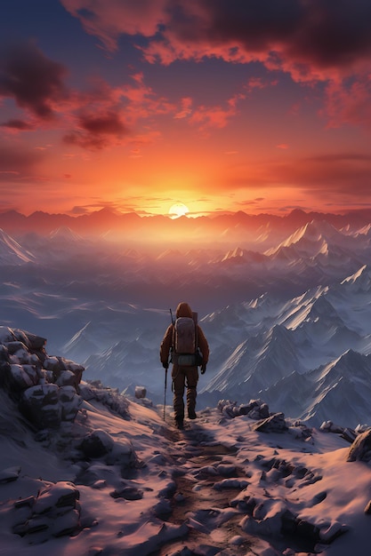 Un escursionista in montagna al tramonto