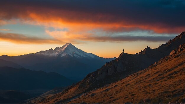 Un escursionista in piedi in cima a una montagna e guardando il tramonto Un uomo in cima alla montagna