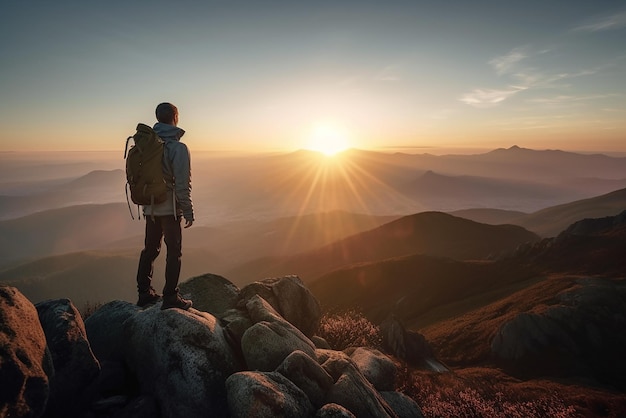Un escursionista maschio si trova sulla cima di una scogliera alta tra le montagne e guarda il tramonto