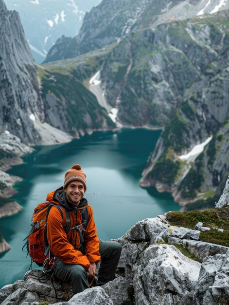 Un escursionista maschio sorridente in giacca arancione si siede su una roccia con lago alpino e montagne