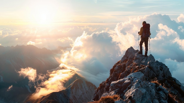 Un escursionista raggiunge la vetta all'alba sopra le nuvole