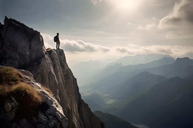Un escursionista si trova su una scogliera che si affaccia su un paesaggio di aspre cime montuose.