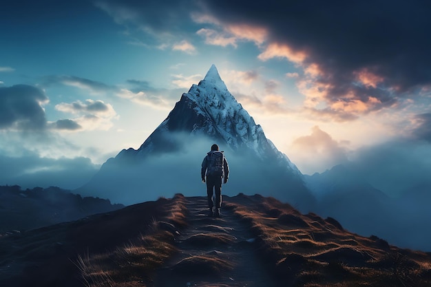 Un escursionista su un sentiero di montagna con un cielo nuvoloso