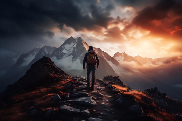 Un escursionista su un sentiero di montagna con un cielo nuvoloso