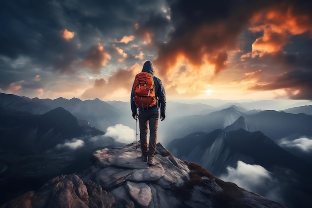 Un escursionista su un sentiero di montagna con un cielo nuvoloso