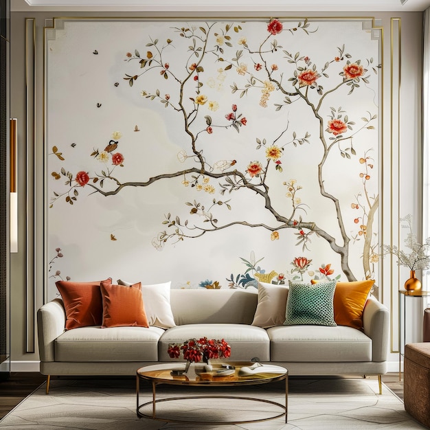 Un esempio di applicazione in un soggiorno su carta da parati in stile chinoiserie con accenti floreali combinati