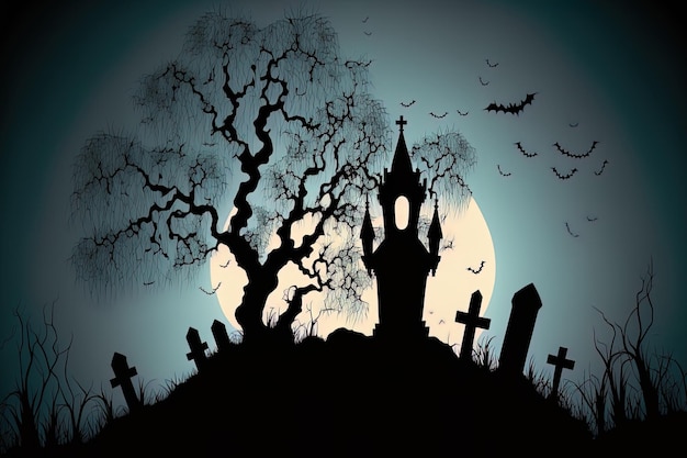 Un esempio di un'idea di Halloween è un castello e un cimitero come sfondo per una scena spaventosa