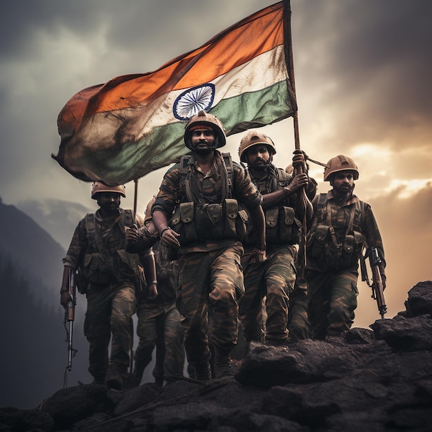 Un esercito indiano che ospita la bandiera indiana