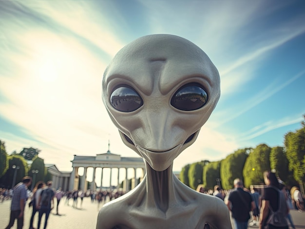 Un esile alieno grigio con gli occhi neri sorride mentre si scatta un selfie davanti alla Porta di Brandeburgo