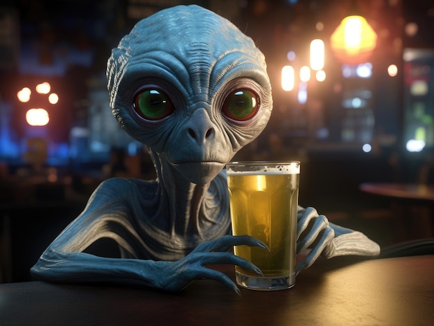 Un esile alieno grigio con grandi occhi guarda direttamente nella telecamera mentre si ubriaca in un bar