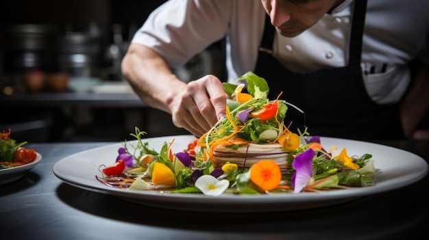 Un esperto cuoco prepara meticolosamente un cibo vivace su un delicato piatto bianco