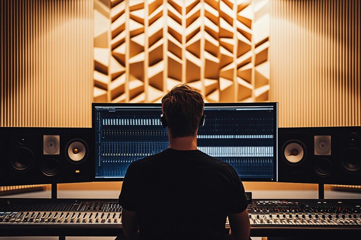 Un esperto di suono studia i modelli d'onda in uno studio contemporaneo dotato di caratteristiche acustiche avanzate che evidenziano la loro padronanza della progettazione audio