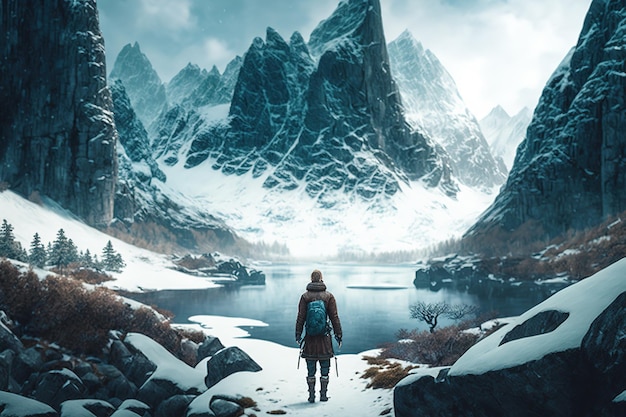 Un esploratore artico cammina lungo un bellissimo ruscello glaciale in un paesaggio innevato