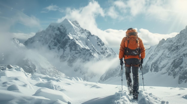 Un esploratore avventuroso attraversa montagne innevate