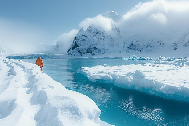 Un esploratore solitario contempla l'immensità di un ghiacciaio invernale nel paese delle meraviglie all'alba.