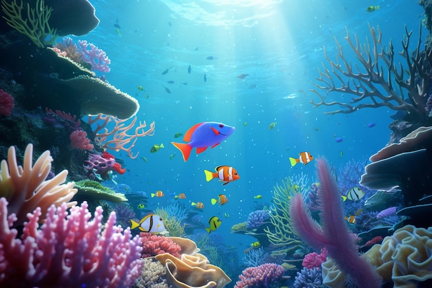 Un esploratore subacqueo che nuota con pesci colorati 00421 02