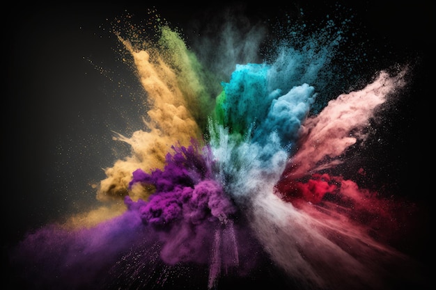 Un'esplosione astratta di polvere colorata su uno sfondo scuro Sfondo astratto con schizzi di polvere congelare il movimento della polvere di colore che esplode lanciando e texture glitter in vari colori