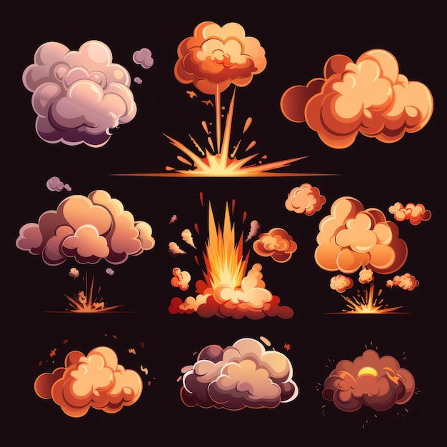 Un'esplosione di cartoni animati con dinamite o bombe Nuvole di fumo e nuvole di boom per i giochi UI Atomic smokies per l'animazione mobile icone isolate per l'uso nei giochi per dispositivi mobili