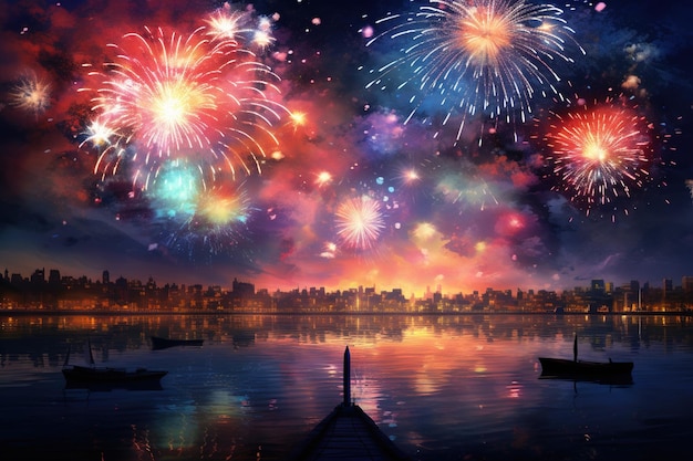 Un'esplosione di fuochi d'artificio colorati che esplodono nel cielo notturno creando una scena affascinante e festosa
