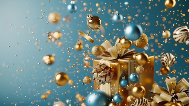 Un'esplosione di giocolieri ornamenti caramelle e dolci cade dall'albero carta da parati di Natale in blu e oro
