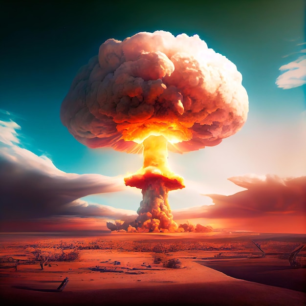 Un'esplosione nucleare in una metropoli Il fungo di un'esplosione atomica Edifici distrutti strade distrutte grattacieli fatti saltare in aria