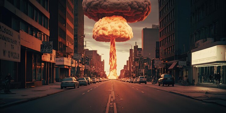 Foto un'esplosione nucleare viene mostrata in una strada con un paesaggio urbano sullo sfondo.