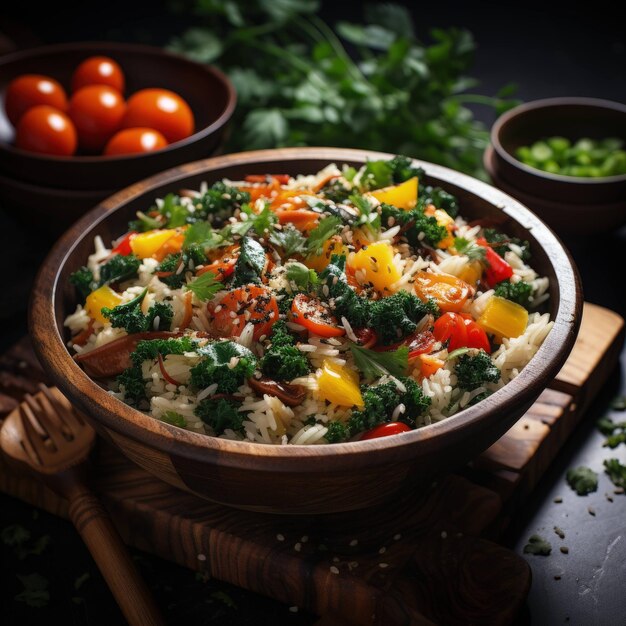 un'esposizione appetitosa di un piatto di riso colorato con una varietà di verdure