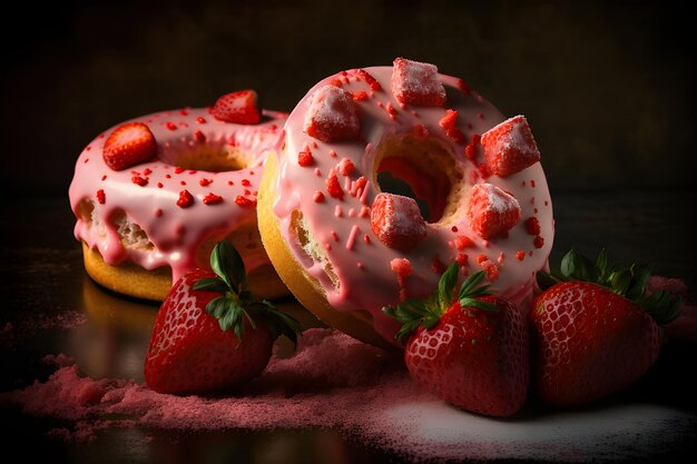 Un'esposizione di ciambelle con la fragola in cima