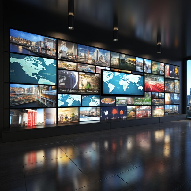 un'esposizione di diversi televisori e immagini su una parete.