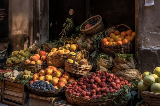 Un'esposizione di frutta e verdura tra cui un cesto di mele e arance.