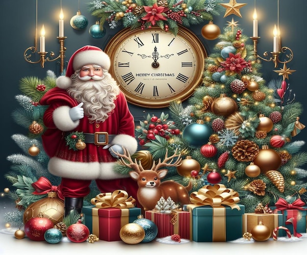 un'esposizione di Natale con un Babbo Natale in piedi davanti a un orologio