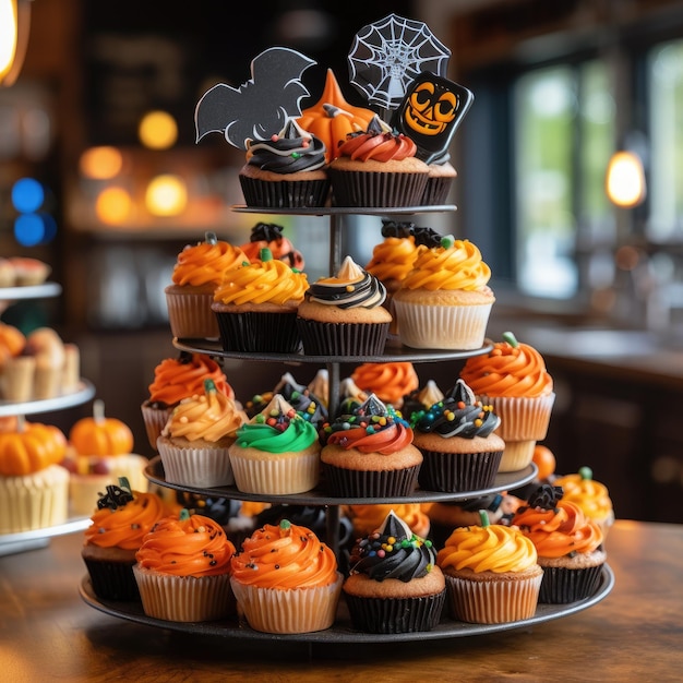 Un'esposizione di panetteria che mostra stravaganti cupcakes di Halloween