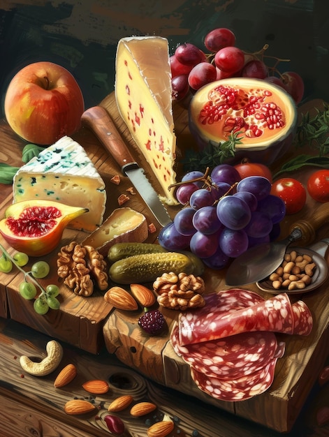 Un'esposizione riccamente illustrata di vari formaggi e carni curate su una tavola di legno L'opera d'arte cattura la deliziosa armonia di sapori e texture in una diffusione di carcuterie